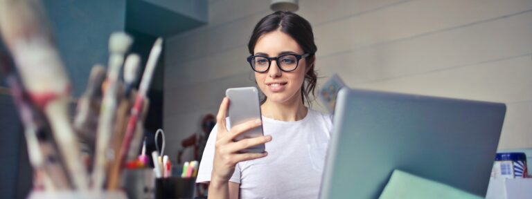 Stock photo of a woman in a studio, symbolizing the concept of employee-generated content (EGC) and its role in creating authentic marketing material.